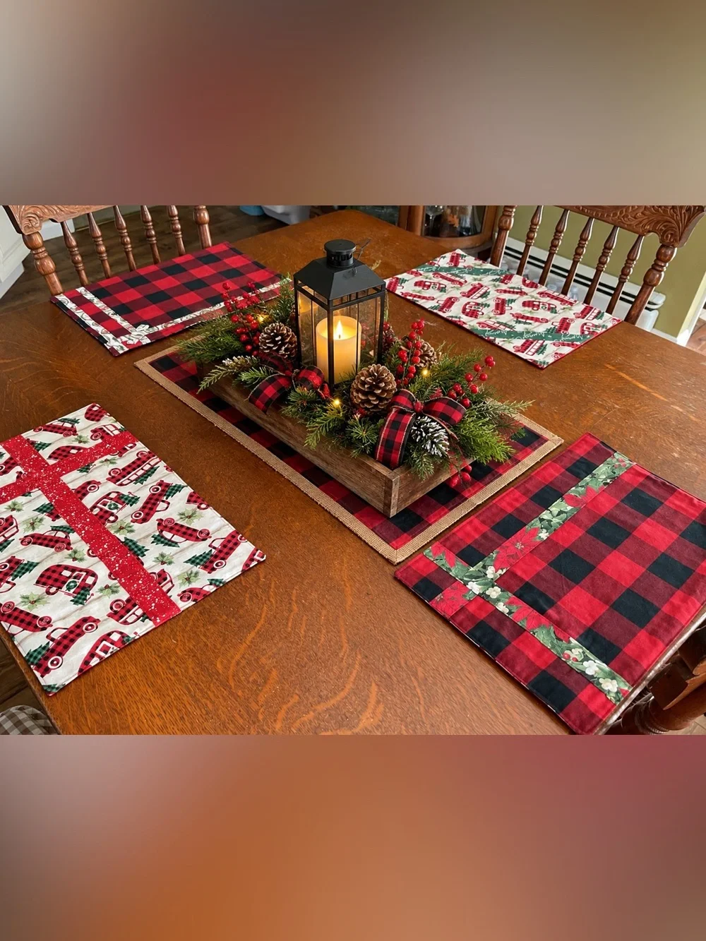 Handmade Quilted Cozy Red Truck & Buffalo Check Holiday Placemats - Set of 4